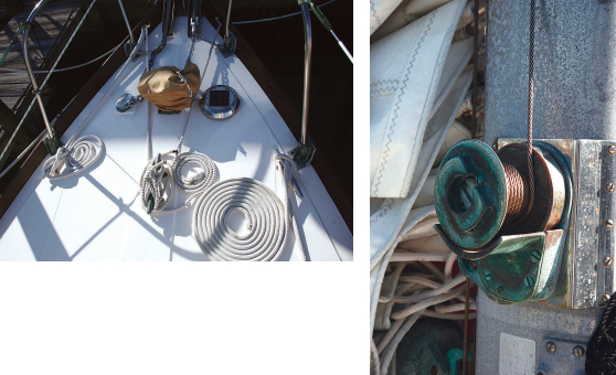 John replaced or refinished all of the hardware on deck, near right. Much of it has acquired antique status, including the wire-reel halyard winch, far right.