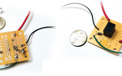 Cliff assembled his relay circuit on a breadboard, at left and above. As well as making a tidy job by holding the components in place, it left his hands free for soldering. The schematic on the facing page shows the whole circuit.