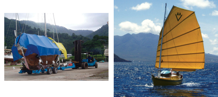 When the boatyard needed to move Speedwell, above, workers were able to transport her, awning and all, on the hydraulic trailer. Shirley also transformed Speedwell with a junk rig, at right.