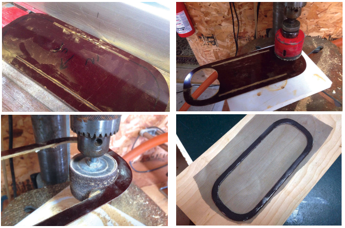 Art cut the inside edges by laying the blank on the saw table and carefully raising the saw blade, above left. He cut the inside corners with a hole saw, above right, and trimmed them with a drum sander, below left. The screen is glued in place with silicone, below right.