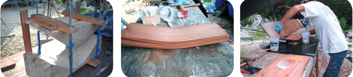 The finished corner, top of page, belies the thought and labor that went into making it. First, Dave had to build a mold, at left, and use it to pre-bend the sapele strips, center, before he tried to epoxy them together. The gluing process took the form of an assembly line, at right.