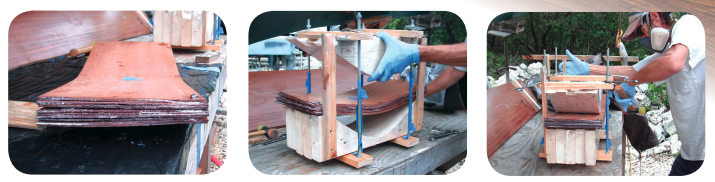 Coated with epoxy, stacked in order, and held together with a bolt, at left, the sapele pieces are ready for the mold. With the pieces in the mold, Dave fitted the top of the mold in place, center, and kept the sapele in alignment with a mallet as he drew the mold closed, at right.