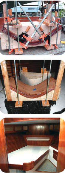 Dave tightened the mold all the way down and used clamps to ensure the edges of the pieces were tight together, top right. After the epoxy had cured, he opened the mold, middle right. With the finished corner in place, at right, the cabin needed only minor touches for the job to be complete.