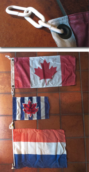 There’s no disputing that flags draw attention to a boat wherever it is, at top. Henk’s links, above middle, let him quickly hank as many flags as he wishes to his halyard, above, including courtesy flags, club flags, and national flags of guests on board.