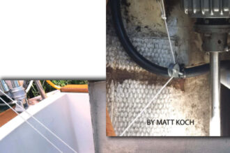 Ingenuity and a length of light line turned a broken gearshift cable into a hiccup instead of a cruise killer. Pull the sail slide for forward, the red ball for reverse.