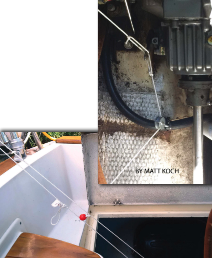 Ingenuity and a length of light line turned a broken gearshift cable into a hiccup instead of a cruise killer. Pull the sail slide for forward, the red ball for reverse.