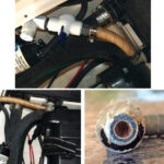 The ball valve and the tee are close to the holding tank, at top, where Clarence can reach them easily. The original plastic vent hose, which led from the holding tank, above left, behind the furniture to the through-hull fitting in the side of the hull below the rubrail, was so inaccessible Clarence reused it. He had little space to work in. One of the larger sanitation hoses conducts sewage to the tank from the toilet, the other is the pumpout discharge line. The through-hull vent fitting, above right, was completely blocked.