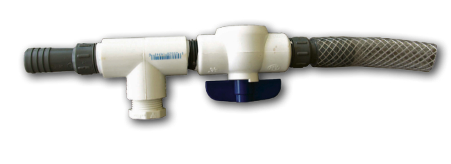 Clarence placed this PVC valve and tee inline on the vent hose to create a way to flush and back-flush the hose without putting the flush water in the tank.