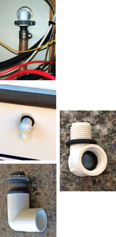 The vent hose leads up from the holding tank and is connected to to a PVC elbow, top left, that forms the inside part of the through-hull fitting. A pipe strap holds the female-threaded elbow in place over the hole in the side of the hull so the outer fitting can be easily screwed into it. The outside part of the fitting is another PVC elbow, middle left. A screened hose washer can be trimmed to fit nicely inside the outer elbow and keep insects like wasps from nesting inside and clogging the fitting, below. The O-ring makes the fitting watertight. The upper end of the elbow can be male- or female- threaded to screw into or onto the inner elbow. Depending on the distance between the inner and outer elbows, a short nipple may be needed for a good fit, with a plastic electrical-box nut to bring the fitting up snug on the outside, bottom left.