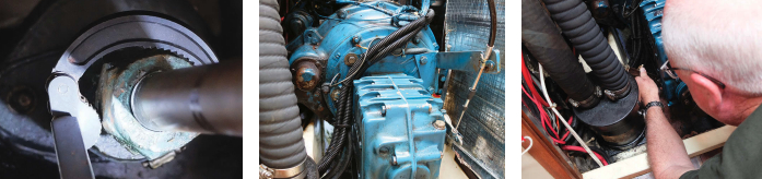 The spring-loaded jaw of the basin wrench can grip an out-of-reach stuffing box, above left, and can be turned in a tight space where there is little or no room for a standard wrench. When extended, the 16-inch arm pokes out from under the engine, above center, to a space where there is room to turn it, above right. The arm’s square cross section offers the option of using a mechanic’s wrench to gain the leverage needed to turn a stubborn nut.