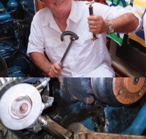 Two simple tools, a basin wrench and a belt-tensioning jack, top left, are Jim’s “friends in low places” that enable him to deal with two maintenance demons that lurk in impossible places under and behind his V-drive-equipped engine. Armed with these tools, top right, he has a fair chance when reaching under the engine block to adjust the stuffing box or when setting the accessory-belt tension. The belt-tensioning jack holds the present setting while Jim makes the adjustment, above. In addition, it provides a valuable extra hand where there is no room for a human one.