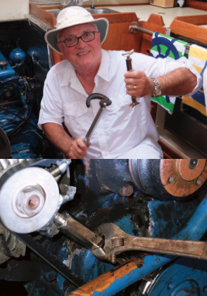Two simple tools, a basin wrench and a belt-tensioning jack, top left, are Jim’s “friends in low places” that enable him to deal with two maintenance demons that lurk in impossible places under and behind his V-drive-equipped engine. Armed with these tools, top right, he has a fair chance when reaching under the engine block to adjust the stuffing box or when setting the accessory-belt tension. The belt-tensioning jack holds the present setting while Jim makes the adjustment, above. In addition, it provides a valuable extra hand where there is no room for a human one.