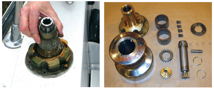 With the circlip removed, the drum can be lifted off the center spindle, at left, but with care — the bearings might stick to the inside of the drum, only to fall out at the wrong moment. Once all the parts have been cleaned, inspected, and lubricated, at right, reassembly begins.