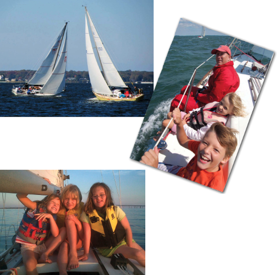 Skybird and Laughing Gull cross tacks on Chesapeake Bay, top left. Children often sail on Alberg 30s, says Rolph. Grace Adams (center) joins Mike Cranston and his son Aron on Laughing Gull, above. Sarah, Grace, and Emma Adams grin and glow aboard Laughing Gull, below.