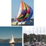 Alberg 30s Skybird, Windswept, and Argo, top of page, fight for an advantage during a race on Chesapeake Bay in 2010. David and Renee Cooper explored the coast of Spain in Cookin in 2002, at left. When Chesapeake Bay Alberg 30s get together, at right, they do so in good numbers.