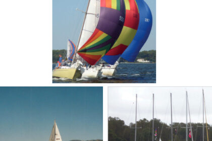 Alberg 30s Skybird, Windswept, and Argo, top of page, fight for an advantage during a race on Chesapeake Bay in 2010. David and Renee Cooper explored the coast of Spain in Cookin in 2002, at left. When Chesapeake Bay Alberg 30s get together, at right, they do so in good numbers.