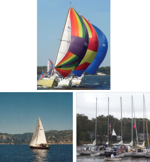 Alberg 30s Skybird, Windswept, and Argo, top of page, fight for an advantage during a race on Chesapeake Bay in 2010. David and Renee Cooper explored the coast of Spain in Cookin in 2002, at left. When Chesapeake Bay Alberg 30s get together, at right, they do so in good numbers.