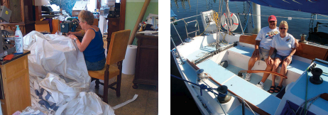 The dining room became a workshop where Joe varnished cabinets and Kathy sewed boat curtains (and sails!), at left. Joe and Kathy relax in Underdog’s spacious cockpit, at right.