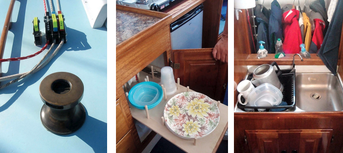 Joe fitted rope clutches and led the sail control lines back to the cockpit, at left, to make singlehanded sailing easier, but he kept the original winches. He made secure storage for dinnerware, center, and made more galley counter area by fitting a double sink in the head vanity, at right.
