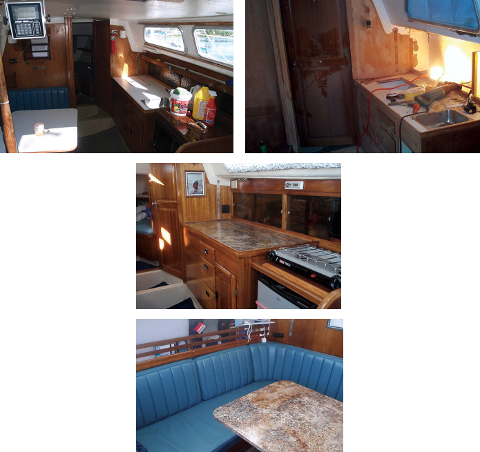When Joe acquired Underdog, her interior was shabby, above left, so he applied his woodworking skills, above right. The result was a galley with beautifully refinished trim and a new countertop, at left. The original upholstery works well with the new laminate tabletop, lower left.