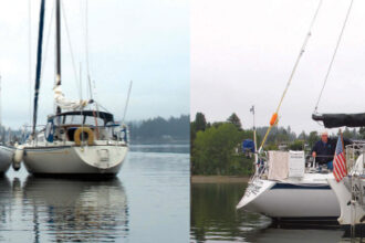 Richard’s Ericson Cruising 31, Kuma, and raft mates Raconteur, an Ericson 32, and Over Easy, an Islander 28, enjoy millpond conditions in a well-protected anchorage, at left. Stuart of Over Easy, and Jerry of Raconteur, below, shoot the breeze with Richard in his dinghy.