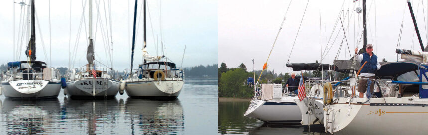 Richard’s Ericson Cruising 31, Kuma, and raft mates Raconteur, an Ericson 32, and Over Easy, an Islander 28, enjoy millpond conditions in a well-protected anchorage, at left. Stuart of Over Easy, and Jerry of Raconteur, below, shoot the breeze with Richard in his dinghy.