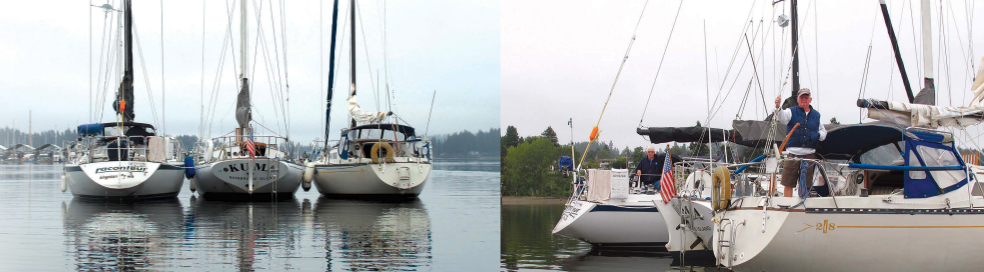 Richard’s Ericson Cruising 31, Kuma, and raft mates Raconteur, an Ericson 32, and Over Easy, an Islander 28, enjoy millpond conditions in a well-protected anchorage, at left. Stuart of Over Easy, and Jerry of Raconteur, below, shoot the breeze with Richard in his dinghy.