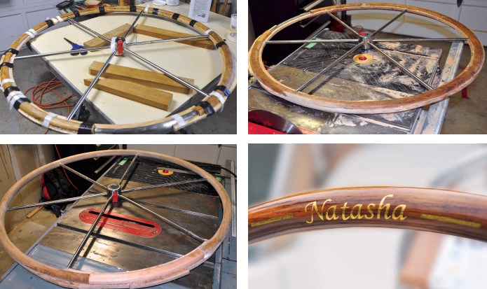 Bert applied a thick epoxy paste to the parts and taped them in place around the wheel, overlapping the joints, upper left. The gap is for the oak “telltale” piece, upper right. Sanding gets under way, above left. The boat’s name in gold is in the middle of 13 coats of varnish, above right.