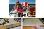 Natasha takes the wheel of her grandpa’s Islander Bahama 30, at top. After all, it does have her name on it! Before starting work, Bert gathered the tools and the wood, at left. He drew the inside and outside curves on the wood using wires with eyes at each end, at right.