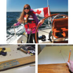 Natasha takes the wheel of her grandpa’s Islander Bahama 30, at top. After all, it does have her name on it! Before starting work, Bert gathered the tools and the wood, at left. He drew the inside and outside curves on the wood using wires with eyes at each end, at right.