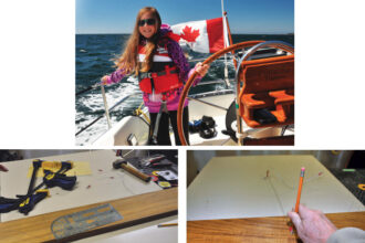 Natasha takes the wheel of her grandpa’s Islander Bahama 30, at top. After all, it does have her name on it! Before starting work, Bert gathered the tools and the wood, at left. He drew the inside and outside curves on the wood using wires with eyes at each end, at right.