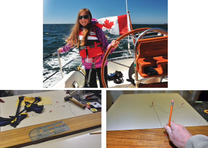 Natasha takes the wheel of her grandpa’s Islander Bahama 30, at top. After all, it does have her name on it! Before starting work, Bert gathered the tools and the wood, at left. He drew the inside and outside curves on the wood using wires with eyes at each end, at right.