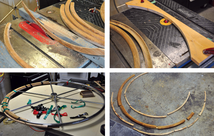 Carefully, Bert sliced the shaped pieces in half, upper left. To hollow them out, he used a 1-inch bullnose router bit and a custom fence, upper right. To ensure a proper fit, Bert first assembled the pieces dry, above left, then arranged them in assembly order on the floor, above right.