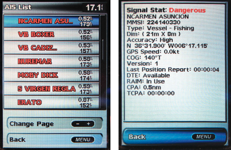 On an AIS display, all targets are ranked by proximity, at left. Selecting a target brings up the information page for that vessel, at right, which includes the critical CPA and TCPA.