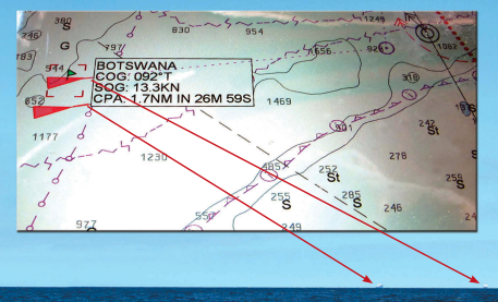 Before AIS this would have been a heart-stopper. It does not look like it but Botswana, on the right, is at CPA (1.7 nautical miles). We saw both of these vessels on screen one hour before we saw them visually. We knew who they were and that we would be able to cross in safety while watching carefully for any changes.