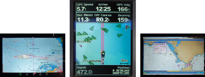 In the old days, the scene unfolding at left would have been extremely stressful. With all of the motion of a small boat, it’s difficult to judge the situation accurately by eye. Even though the AIS showed we had an acceptable CPA of .25 nautical miles, prudence dictated that we alter course to port and increase our margin of safety. The danger is not always obvious, center. Despite how it looks, only one of the many targets posed a collision risk. WiFi capability gives the added advantage of using AIS AtoN beacons for navigation, at right.