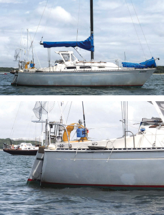 Pelorus carries a lot more gear on deck than Serenity Now, upper photo and, Cliff surmises, even more below. She floats deeper on her lines so that the tip of her transom is immersed, above.