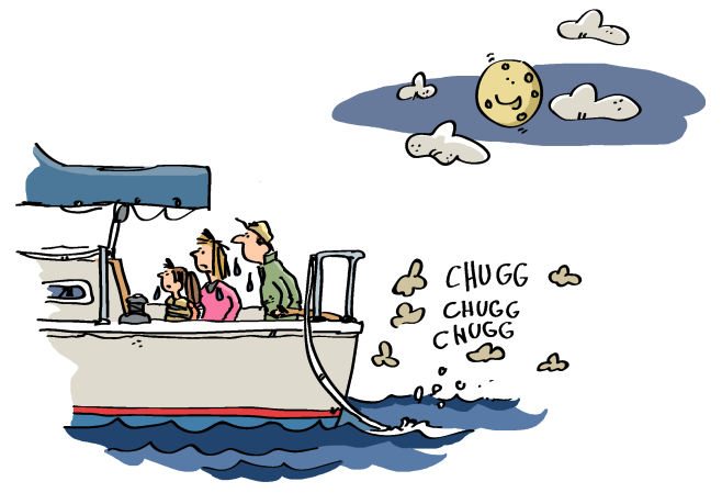 Illustration of a boat sailing at night