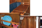 Chuck liked the look of the table John Lively built for his Catalina 36 and took several cues from it for a new table in his own Catalina 36, above. He didn’t make his storage shelves as deep, and attached the fiddles to the bookends so he could adjust the height of the shelves, at left. Stowed, the table takes up very little room, below.