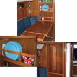 Chuck liked the look of the table John Lively built for his Catalina 36 and took several cues from it for a new table in his own Catalina 36, above. He didn’t make his storage shelves as deep, and attached the fiddles to the bookends so he could adjust the height of the shelves, at left. Stowed, the table takes up very little room, below.