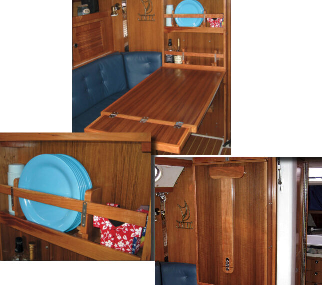 Chuck liked the look of the table John Lively built for his Catalina 36 and took several cues from it for a new table in his own Catalina 36, above. He didn’t make his storage shelves as deep, and attached the fiddles to the bookends so he could adjust the height of the shelves, at left. Stowed, the table takes up very little room, below.