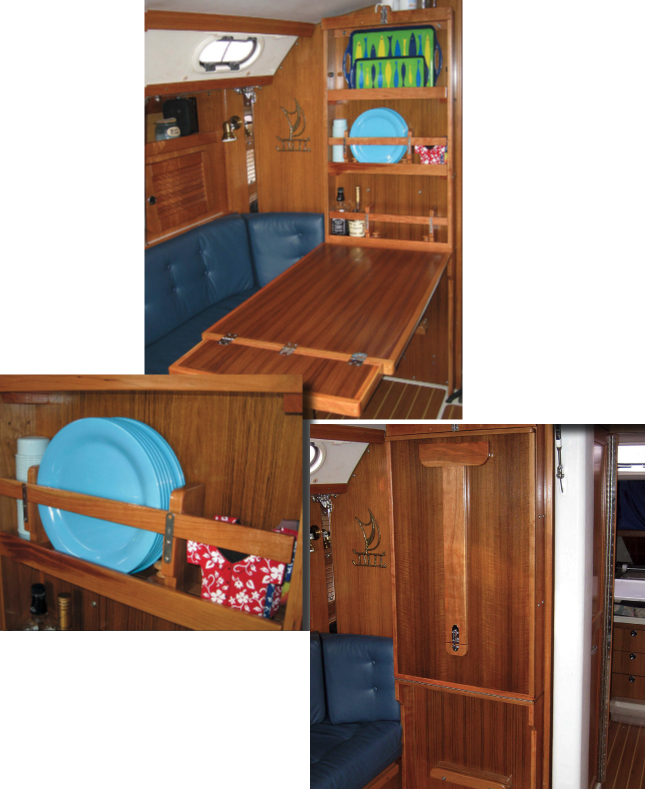 Chuck liked the look of the table John Lively built for his Catalina 36 and took several cues from it for a new table in his own Catalina 36, above. He didn’t make his storage shelves as deep, and attached the fiddles to the bookends so he could adjust the height of the shelves, at left. Stowed, the table takes up very little room, below.