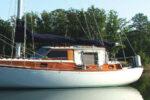 Atelier at anchor in a quiet cove off the Rappahannock River in Virginia.