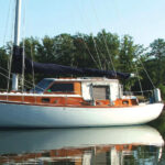 Atelier at anchor in a quiet cove off the Rappahannock River in Virginia.