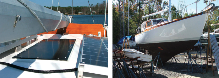 A Lexan panel in the top of the wheelhouse sends light inside and makes the mainsail visible from the helm, at left. Solar panels are installed on both sides of the Lexan. The dinghy gets to look at its reflection in the hull after the most recent hull-painting, at right.