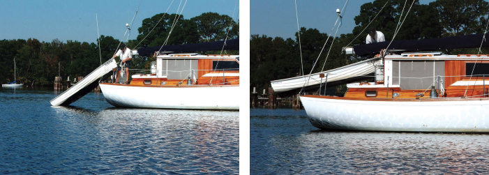 A split backstay allows the dinghy to be carried on top of the aft cabin. David hoists the dinghy over the transom, at left, then secures the dinghy to a sturdy cleat on the boom gallows, at right. The two backstays prevent the dinghy from shifting side-to-side when sailing.