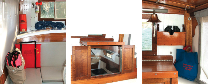 Zora and David gathered safety items for an article on the subject. Here, some are visible starboard aft in the wheelhouse, at left. This is also the location of the manually-operated propane shutoff. Wooden doors close the aft cabin when necessary, center, but a square of Plexiglas slides into the original hatchboard tracks so that, on a cool day, the cabin can be closed for heat but open to light. More safety stuff — bell, boathook, binoculars, and a boating emergency ladder — is arranged in the port aft corner of the wheelhouse, at right.