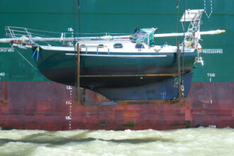 A boat hanging from a giant crane off the side of a container ship