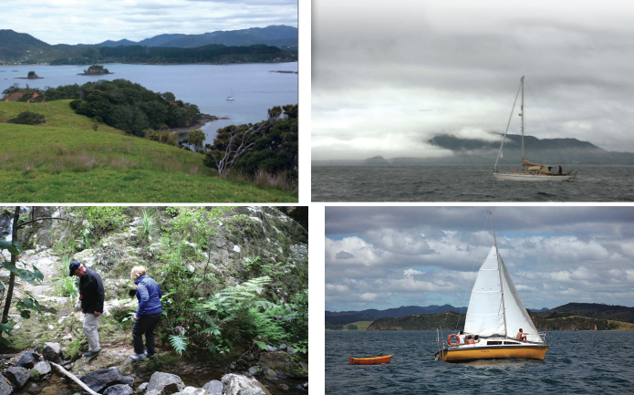 Many anchorages offer good trails and a spectacular view for those willing to make the climb. The hilltop overlooking one of several anchorages created by Urupukapuka Island, top left, afforded a distant view of Boheme, the chartered 40-foot Beneteau Oceanis. A fog bank, top right, reminded Lake Superior sailors of home. Some paths were rocky and challenging, like the one, above left, that leads over the brook and to the falls at Whangamumu Harbour. As spring turned to summer, good old boats were everywhere, above right.