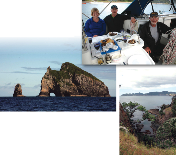Mavis and Chuck Schwarzhoff and Jerry Powlas, at right, all a bit crispy after a day in the sun, prepare to dig into a Thanksgiving feast featuring lamb and oysters. Piercy Island (aka Motukokako Island), below, is known for the Hole in the Rock large enough for tour boats to pass through. A view from Urupukapuka Island, bottom, captures the atmosphere of the archipelago.